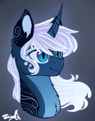 Size: 870x1102 | Tagged: safe, artist:cloud-drawings, princess luna, alicorn, pony, alternate design, bust, chest fluff, curved horn, female, i can't believe it's not magnaluna, mare, portrait, solo, style emulation