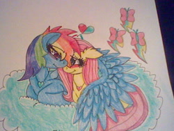 Size: 640x480 | Tagged: safe, artist:kimmaieythefox, fluttershy, rainbow dash, pegasus, pony, blushing, cloud, female, flutterdash, hug, lesbian, necklace, shipping, traditional art, winghug