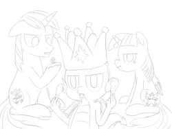 Size: 1600x1200 | Tagged: safe, artist:unsavorydom, shining armor, spike, twilight sparkle, twilight sparkle (alicorn), alicorn, bird, chicken, dragon, pony, unicorn, sparkle's seven, crown, d20, drumstick, food, hard-won helm of the sibling supreme, jewelry, meat, monochrome, paper crown, regalia, scrunchy face, sitting, there was an attempt, winged spike, you tried