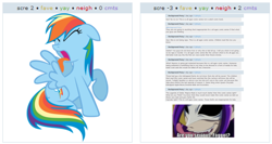 Size: 528x280 | Tagged: safe, rainbow dash, pegasus, pony, blue coat, exploitable meme, female, juxtaposition, juxtaposition win, mare, multicolored mane, solo