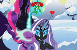 Size: 1024x663 | Tagged: safe, artist:3d4d, derpibooru import, midnight sparkle, nightmare rarity, sci-twi, twilight sparkle, equestria girls, friendship games, christmas, female, lesbian, rarilight, shipping