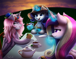 Size: 3300x2550 | Tagged: safe, artist:confetticakez, princess cadance, rarity, oc, oc:nellie, alicorn, pony, unicorn, alicorn oc, cup, cute, drinking, eyes closed, flower, flower in hair, food, magic, sandwich, smiling, table, tea party, teacup, teapot, trio