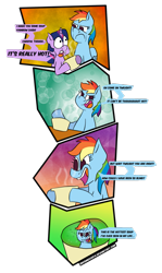 Size: 689x1159 | Tagged: safe, artist:sneshneeorfa, derpibooru import, rainbow dash, twilight sparkle, pegasus, pony, comic, food, hot, narcissism, reflection, soup