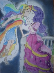 Size: 1904x2560 | Tagged: safe, artist:purplerdeath, rainbow dash, rarity, clothes, dress, female, gala dress, humanized, kissing, lesbian, raridash, shipping, skinny