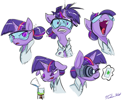 Size: 1280x1051 | Tagged: safe, artist:tsitra360, derpibooru import, sci-twi, smooze, twilight sparkle, alternate hairstyle, beaker, erlenmeyer flask, goggles, gritted teeth, open mouth, science, sketch dump, solo, unicorn sci-twi