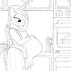 Size: 1024x1024 | Tagged: safe, artist:20thx5150, princess cadance, anthro, apron, belly, big belly, blushing, clothes, food, kitchen, oven, pie, pregnant