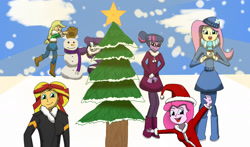 Size: 1987x1165 | Tagged: safe, artist:raricane, derpibooru import, applejack, fluttershy, pinkie pie, rarity, sci-twi, sunset shimmer, twilight sparkle, equestria girls, tree, winter