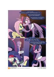 Size: 3541x5016 | Tagged: safe, artist:gashiboka, derpibooru import, fluttershy, rarity, roseluck, twilight sparkle, twilight sparkle (alicorn), alicorn, pegasus, pony, unicorn, comic:recall the time of no return, comic, female, mare, patreon, patreon logo, twibitch sparkle