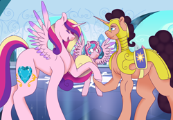 Size: 4800x3327 | Tagged: safe, artist:midnight-drip, princess cadance, oc, oc:rosemary masala, oc:serendipity, alicorn, pony, absurd resolution, female, guardsmare, high res, magical lesbian spawn, mare, offspring, parent:pinkie pie, parent:saffron masala, parents:saffronpie, royal guard