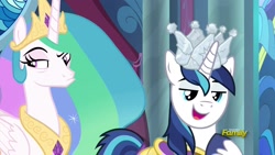 Size: 1920x1080 | Tagged: safe, screencap, princess celestia, shining armor, alicorn, pony, unicorn, sparkle's seven, crown, duckface, hard-won helm of the sibling supreme, paper crown, pouting, raised eyebrow