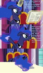 Size: 1280x2161 | Tagged: safe, edit, edited screencap, screencap, princess luna, alicorn, pony, a royal problem, canterlot castle, gossip, horrified, lies and libel!, lies and slander!, misspelling, newspaper, solo