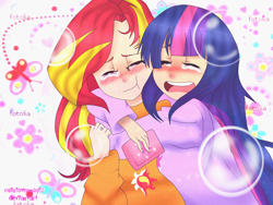 Size: 3264x2448 | Tagged: safe, artist:rainicornarts, artist:rainicornmagic, derpibooru import, sunset shimmer, twilight sparkle, equestria girls, blushing, crying, eyes closed, female, hug, humanized, lesbian, shipping, sunsetsparkle