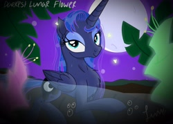 Size: 4583x3273 | Tagged: safe, artist:darkest-lunar-flower, princess luna, alicorn, firefly (insect), pony, bioluminescent, bubble, chest fluff, eyelashes, eyeshadow, female, looking at you, makeup, mare, moon, moonlight, solo, stars, water, wet mane