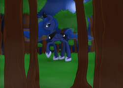 Size: 1400x1000 | Tagged: safe, artist:violentdreamsofmine, princess luna, alicorn, pony, forest, moon, night, solo, tree, walking