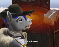 Size: 2500x2000 | Tagged: safe, artist:potes, ponybooru exclusive, oc, oc only, oc:diamond tip, earth pony, pony, amulet, blue mane, cleric, cowboy hat, elderly, frostpunk, gray coat, hat, it's all so tiresome, jewelry, male, meme, necklace, painting, scarf, signature, solo, stallion