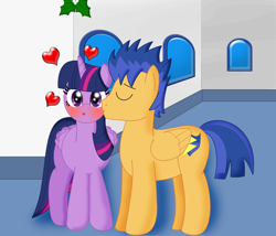 Size: 900x771 | Tagged: safe, artist:cyber-murph, derpibooru import, flash sentry, twilight sparkle, twilight sparkle (alicorn), alicorn, pony, blushing, christmas, cute, female, flashlight, hearth's warming, kiss on the cheek, kissing, love, male, mare, mistletoe, shipping, straight