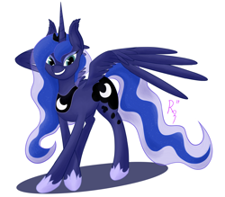 Size: 8000x7000 | Tagged: safe, artist:rei_zero, princess luna, alicorn, pony, absurd resolution, crossed hooves, crown, female, happy, hooves, horn, jewelry, lidded eyes, long mane, makeup, mare, open mouth, open smile, raised wings, regalia, simple background, smiling, solo, standing, tail, teeth, white background, wings