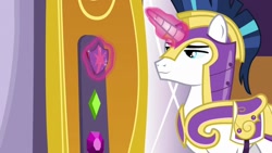 Size: 1280x720 | Tagged: safe, screencap, shining armor, pony, unicorn, sparkle's seven, glowing horn, magic, male, royal guard armor, smiling, solo, stallion, telekinesis