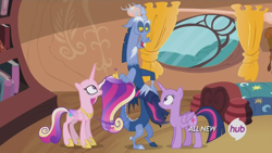 Size: 640x360 | Tagged: safe, screencap, discord, princess cadance, twilight sparkle, twilight sparkle (alicorn), alicorn, pony, season 4, three's a crowd, bald, bedroom, blue flu, golden oaks library, hair swap, mane swap