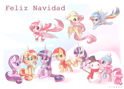 Size: 1400x1000 | Tagged: safe, artist:riouku, derpibooru import, applejack, fluttershy, pinkie pie, rainbow dash, rarity, starlight glimmer, sunset shimmer, twilight sparkle, twilight sparkle (alicorn), oc, oc:riouku, alicorn, earth pony, pegasus, pony, unicorn, alternate mane seven, clothes, earmuffs, female, hat, mane six, mare, scarf, snow, snowfall, snowman, spanish, translated in the comments