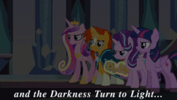 Size: 768x432 | Tagged: safe, edit, edited screencap, screencap, princess cadance, princess flurry heart, spike, starlight glimmer, sunburst, thorax, twilight sparkle, twilight sparkle (alicorn), alicorn, dragon, pony, the times they are a changeling, a changeling can change, angry, animated, armor, caption, concerned, crystal guard, crystal guard armor, darkness, gesture, gif, light, looking up, lyrics, magic, reaction, singing, sleeping, song, song reference, spotlight, sympathy, telekinesis, text
