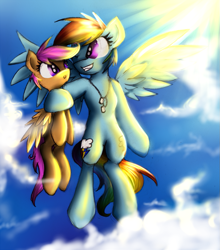 Size: 881x1000 | Tagged: safe, artist:kairaanix, rainbow dash, scootaloo, pegasus, pony, both cutie marks, chains, cloud, cloudy, duo, female, filly, flying, jewelry, mare, necklace, scootalove, sky, wings