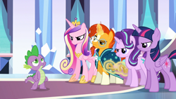 Size: 1920x1080 | Tagged: safe, screencap, princess cadance, princess flurry heart, spike, starlight glimmer, sunburst, twilight sparkle, twilight sparkle (alicorn), alicorn, dragon, pony, the times they are a changeling, angry, crown, crystal castle, frown, glare, jewelry, light, looking up, magic, raised eyebrow, reaction, regalia, sleeping, telekinesis
