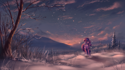 Size: 2560x1440 | Tagged: dead source, safe, artist:shamanguli, derpibooru import, twilight sparkle, twilight sparkle (alicorn), alicorn, pony, female, mare, scenery, scenery porn, snow, solo, sunset, winter