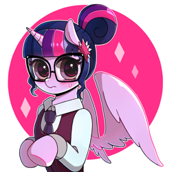 Size: 1000x1000 | Tagged: safe, artist:9seconds, derpibooru import, sci-twi, twilight sparkle, alicorn, pony, semi-anthro, equestria girls, alternate hairstyle, bipedal, blushing, clothes, crystal prep academy uniform, equestria girls ponified, female, glasses, looking at you, mare, necktie, nervous, ponified, school uniform, scitwilicorn, shirt, simple background, solo, spread wings, starry eyes, sweat, sweatdrop, vest, wavy mouth, white background, wingding eyes