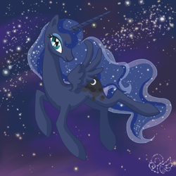 Size: 1000x1000 | Tagged: safe, artist:candasaurus, princess luna, alicorn, pony, female, flying, mare, night, solo, stars