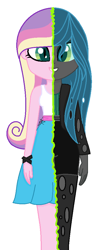 Size: 424x1000 | Tagged: safe, artist:little903, princess cadance, queen chrysalis, changeling, changeling queen, equestria girls, bracelet, camisole, canterlot, character to character, clothes, digital art, disguise, disguised changeling, duality, equestria girls-ified, fake cadance, jacket, jewelry, pantyhose, princess, shorts, simple background, skirt, smiling, split screen, teeth, transformation, white background