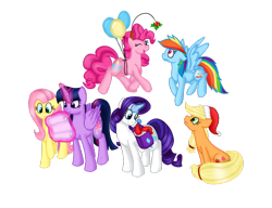 Size: 1024x787 | Tagged: safe, artist:icylightning, artist:sevenserenity, derpibooru import, applejack, fluttershy, pinkie pie, rainbow dash, rarity, twilight sparkle, twilight sparkle (alicorn), alicorn, earth pony, pegasus, pony, unicorn, balloon, female, hat, holly, holly mistaken for mistletoe, levitation, magic, mane six, mare, santa hat, telekinesis