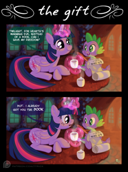 Size: 1000x1346 | Tagged: safe, artist:1trick, derpibooru import, spike, twilight sparkle, twilight sparkle (alicorn), alicorn, dragon, pony, christmas, comic, dark comedy, female, hearth's warming eve, implied slavery, mare, slave, slavery