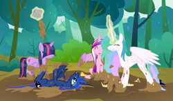 Size: 1219x716 | Tagged: safe, artist:byteslice, princess cadance, princess celestia, princess luna, twilight sparkle, twilight sparkle (alicorn), alicorn, pony, .svg available, alicorn tetrarchy, bangs, cute, cutedance, cutelestia, dirty, eyes closed, female, frown, grin, hair over eyes, hilarious in hindsight, lol, lunabetes, magic, majestic as fuck, mare, missing accessory, mud, mud bath, on back, open mouth, rain, sillestia, silly, silly pony, smiling, spread wings, svg, telekinesis, twilight is not amused, unamused, vector, weapons-grade cute, wet, wet mane, wings