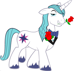 Size: 1920x1834 | Tagged: safe, edit, prince blueblood, shining armor, pony, unicorn, bowtie, flower, fusion, male, palette swap, ponyar fusion, recolor, rose, simple background, solo, stallion, transparent background, unshorn fetlocks, vector, vector edit