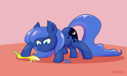 Size: 1000x600 | Tagged: safe, artist:empyu, princess luna, earth pony, pony, banana, female, food, mare, race swap, s1 luna, simple background, solo, unamused