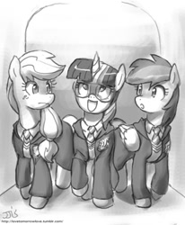 Size: 800x970 | Tagged: safe, artist:johnjoseco, derpibooru import, applejack, rainbow dash, twilight sparkle, earth pony, pegasus, pony, clothes, glasses, grayscale, harry potter, monochrome, open mouth, raised hoof, sketch