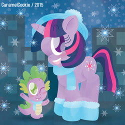 Size: 700x700 | Tagged: safe, artist:caramelcookie, derpibooru import, spike, twilight sparkle, dragon, christmas