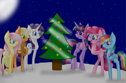 Size: 832x546 | Tagged: safe, artist:madelyn7, derpibooru import, applejack, fluttershy, pinkie pie, rainbow dash, rarity, twilight sparkle, twilight sparkle (alicorn), alicorn, earth pony, pegasus, pony, unicorn, christmas, christmas tree, female, mane six, mare, tree, winter