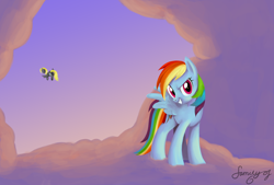 Size: 2046x1381 | Tagged: safe, artist:familyof6, derpy hooves, rainbow dash, pegasus, pony, cloud, cloudy, female, flying, mare