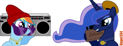 Size: 3039x1155 | Tagged: safe, artist:roger334, princess luna, rainbow dash, alicorn, pegasus, pony, beanie, boombox, hat, paperclip, phonograph, rap, rapping, simple background, sunglasses, transparent background, vector