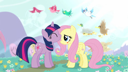 Size: 1366x768 | Tagged: safe, artist:ashi85, derpibooru import, fluttershy, twilight sparkle, pegasus, pony, nuzzling