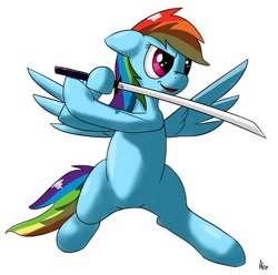 Size: 1000x990 | Tagged: safe, artist:hieronymuswhite, rainbow dash, pegasus, pony, katana, simple background, solo, sword, weapon