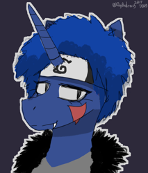 Size: 920x1080 | Tagged: safe, artist:itzdatag0ndray, princess luna, pony, alternate hairstyle, bust, clothes, cosplay, costume, fangs, fur coat, headband, inuzuka kiba, naruto, simple background, solo