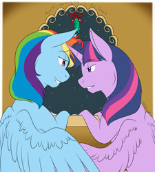 Size: 1000x1109 | Tagged: safe, artist:kourabiedes, derpibooru import, rainbow dash, twilight sparkle, twilight sparkle (alicorn), alicorn, pegasus, pony, female, imminent kissing, lesbian, mare, mistletoe, shipping, twidash