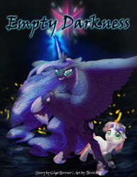 Size: 833x1078 | Tagged: safe, artist:t0xiceye, princess luna, sweetie belle, alicorn, pony, creature, darkness, empty darkness, fanfic, fanfic art, glowing eyes, glowing horn, glowing mouth