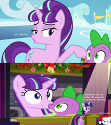 Size: 1418x1600 | Tagged: safe, artist:porygon2z, artist:xebck, derpibooru import, edit, screencap, rarity, spike, starlight glimmer, twilight sparkle, twilight sparkle (alicorn), alicorn, dragon, pony, unicorn, angry, bedroom eyes, christmas, cloudsdale, discovery family logo, female, flirting, hat, hearth's warming, hundreds of users filter this tag, jealous, kissing, love triangle, male, mare, mistletoe, santa hat, screencap comic, shipping, sparlight, spike gets all the mares, straight, twilight sparkle's slide, vector, vector edit