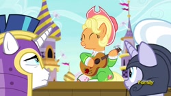 Size: 1920x1080 | Tagged: safe, screencap, applejack, shining armor, earth pony, pony, unicorn, sparkle's seven, apple chord, guitar, hat, royal guard