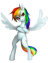 Size: 587x778 | Tagged: safe, artist:kimoringo, rainbow dash, pegasus, pony, bipedal, grin, wings