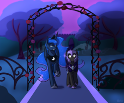 Size: 3000x2500 | Tagged: safe, artist:lrusu, princess luna, oc, bat pony, pony, garden, high res, night guard, tree, walking